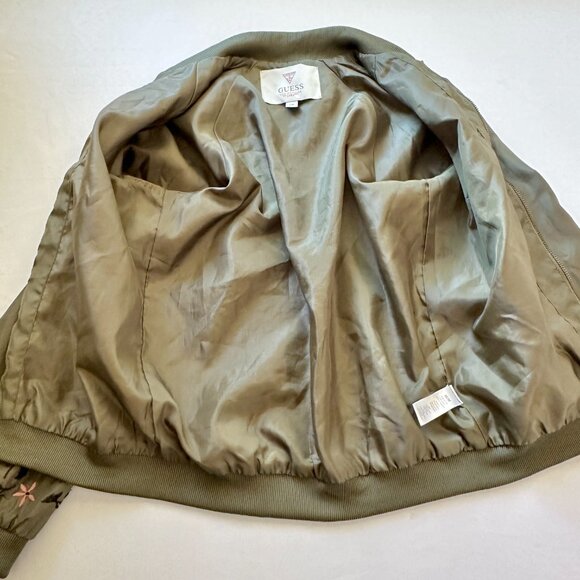 Guess Bomber Jacket Womens M Green Pink Floral Embroidered Shiny Boho Chic Y2K - Picture 11 of 15
